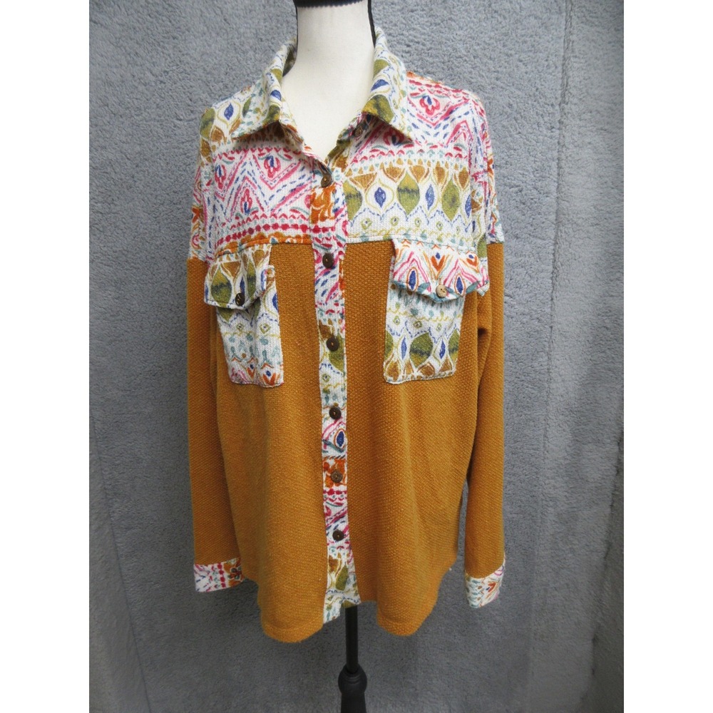 And The Why Women M Boho Geometric Shacket Yellow Mix Media Boho Chic Patchwork